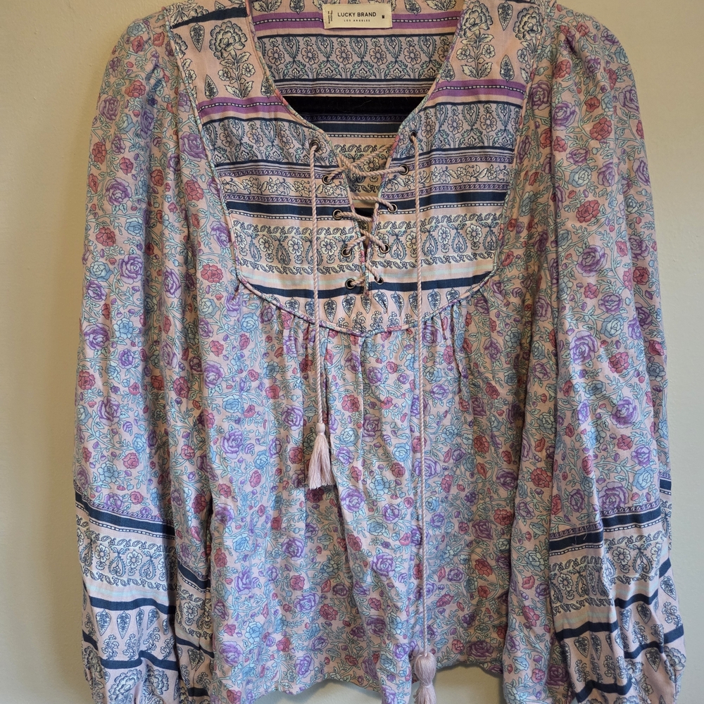Lucky Brand Pastel Paisley Lace-Up Peasant Tunic - Picture 2 of 11
